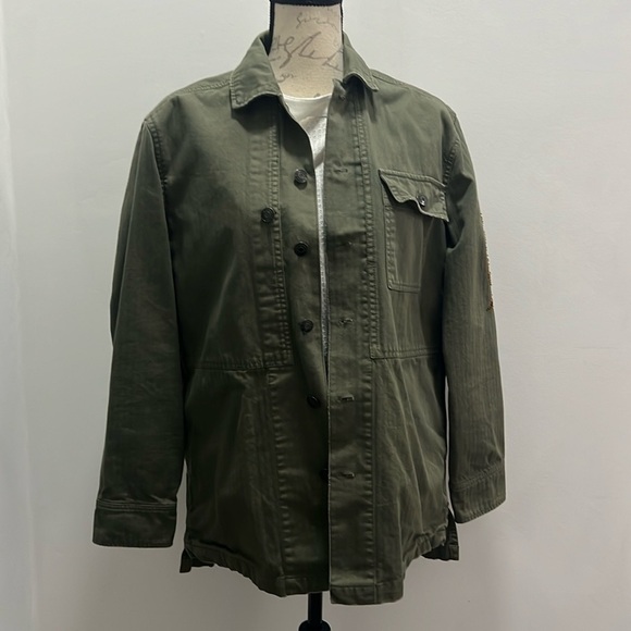 Bass Denim Green Cotton Embroidered Jacket Long XS Army Military - Picture 1 of 7